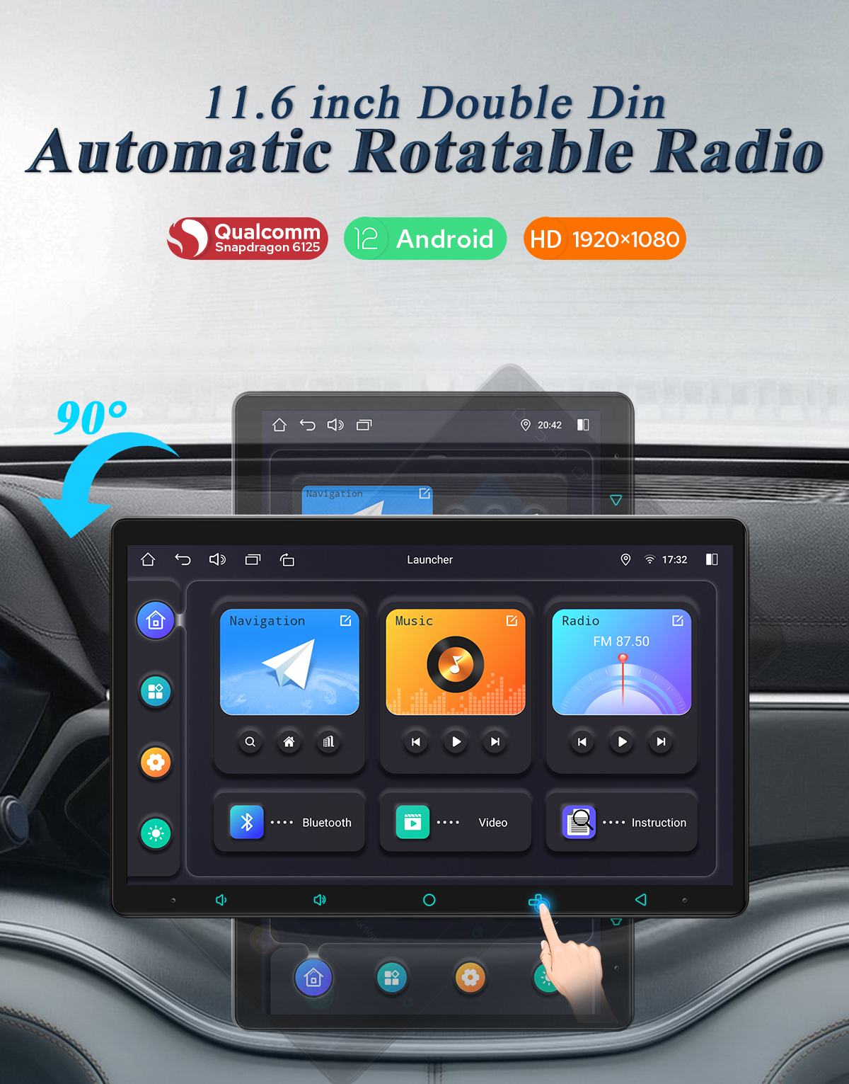  Universal 2 Din Android 12.0 Automatic Rotatable 